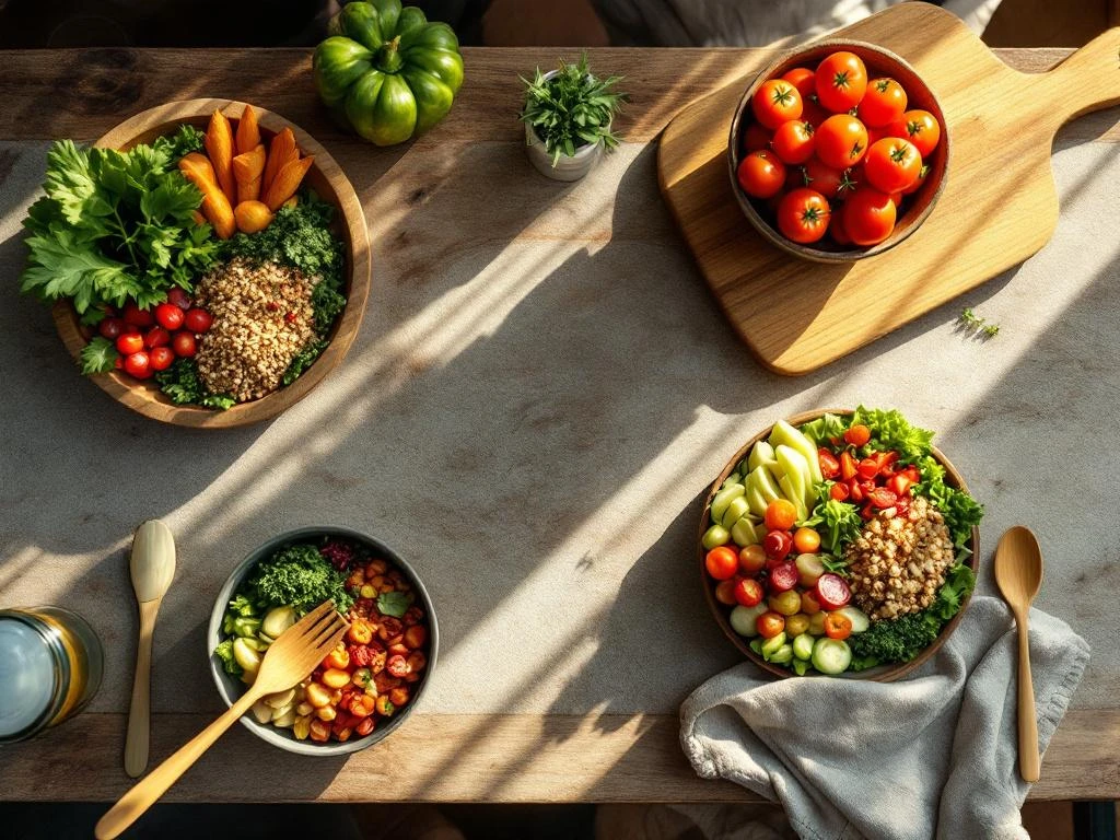 Bovenaanzicht van duurzame lunchtafel met verse groenten, plantaardige gerechten en herbruikbare bamboe servies op hout