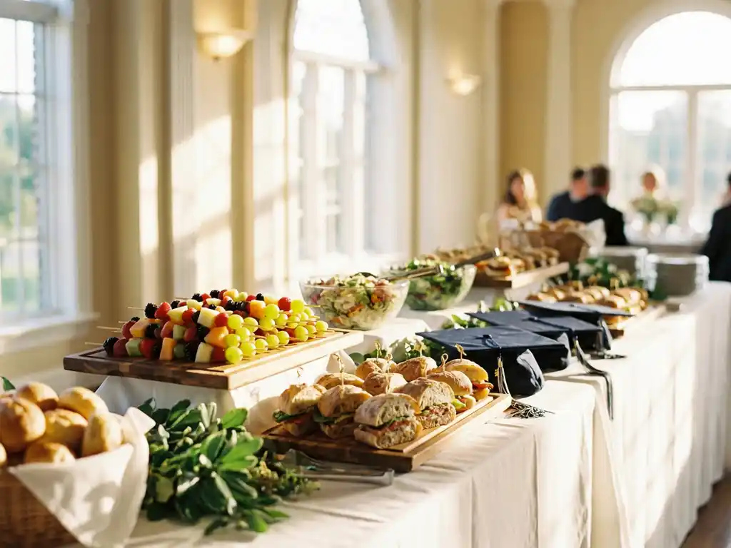 Elegante buffettafel met witte linnen, kleurrijke graduatiefeest gerechten, verse fruitschalen en gourmet sandwiches op houten planken