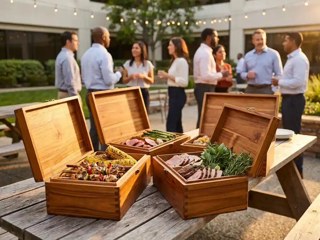 Elegante houten BBQ-boxen vol gegrilde groenten en duurzaam vlees op rustieke picknicktafel tijdens bedrijfslunch
