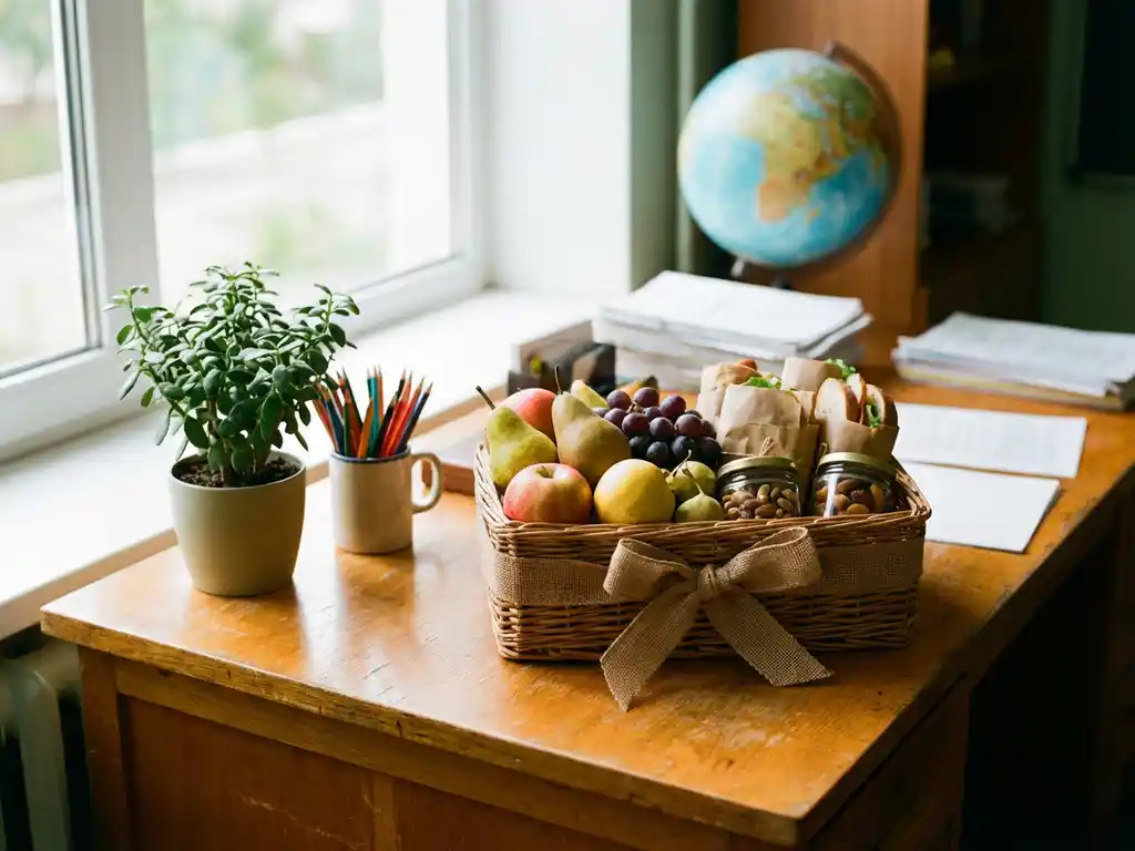 cadeau-leraar-gezonde-snacks-bureau.jpg Cadeaudoos met verse seizoensfruit, artisanale broodjes en gezonde snacks op houten bureau met kleurpotloden en plantje