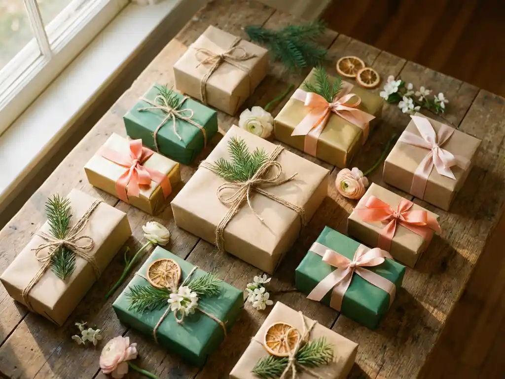Elegante cadeaudozen in kerst- en paaskleuren met natuurlijke linten op rustieke houten tafel met dennentakjes en lentebloemen
