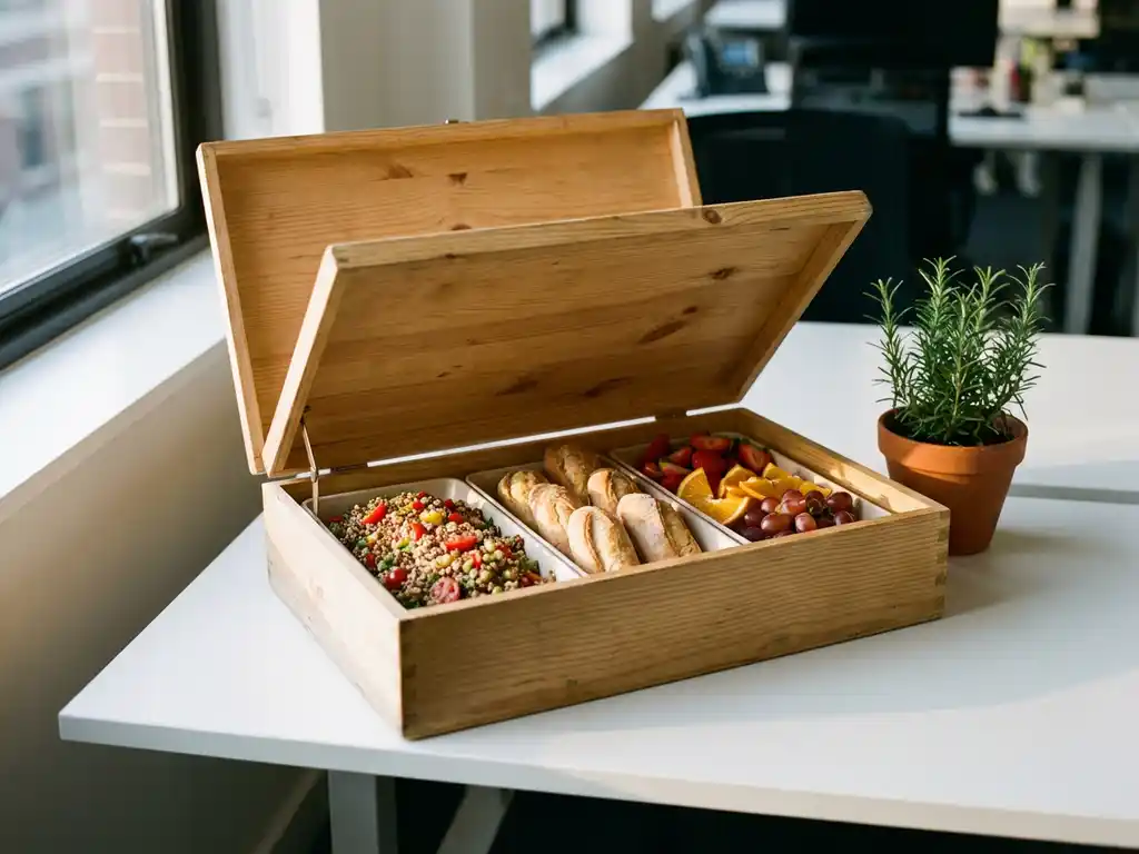 Houten cateringbox met kleurrijke salades, artisanale broodjes en seizoensfruit op wit bureau naast kruidentplantje