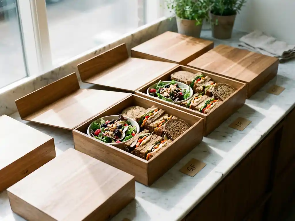 Elegante houten cateringdozen met kleurrijke verse salades en glutenvrije sandwiches op wit marmeren aanrecht