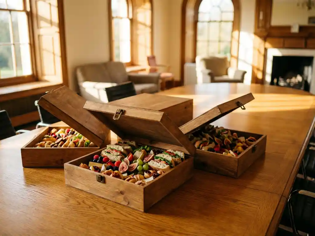 Elegante houten cateringboxen met messing sluitingen op eiken conferentietafel, gevuld met verse sandwiches en fruit