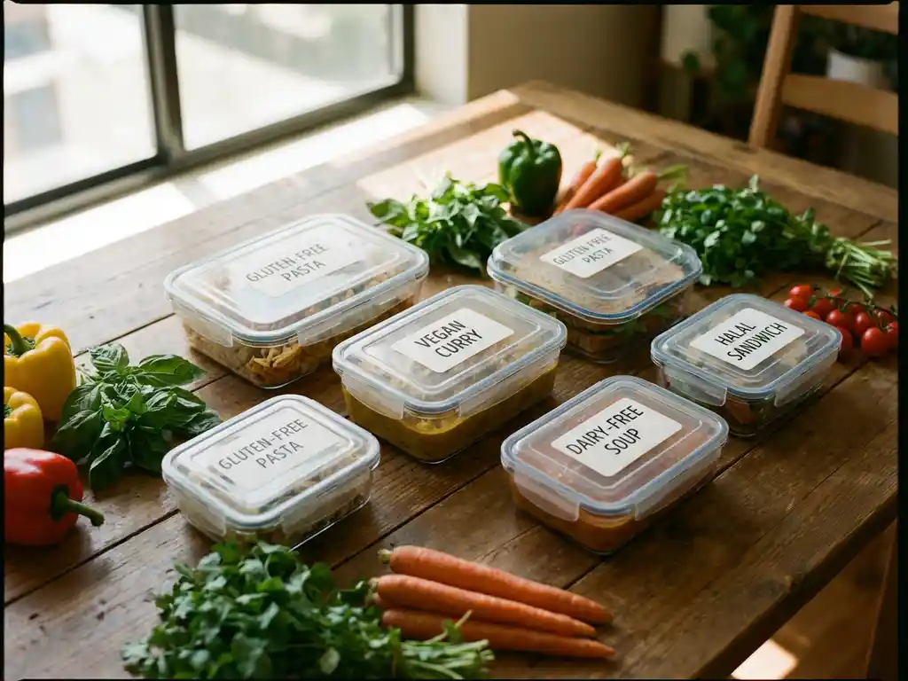 Diverse gelabelde maaltijdcontainers op houten cafetariatafel met glutenvrije pasta, veganistische curry, halal sandwich en zuivelvrije soep