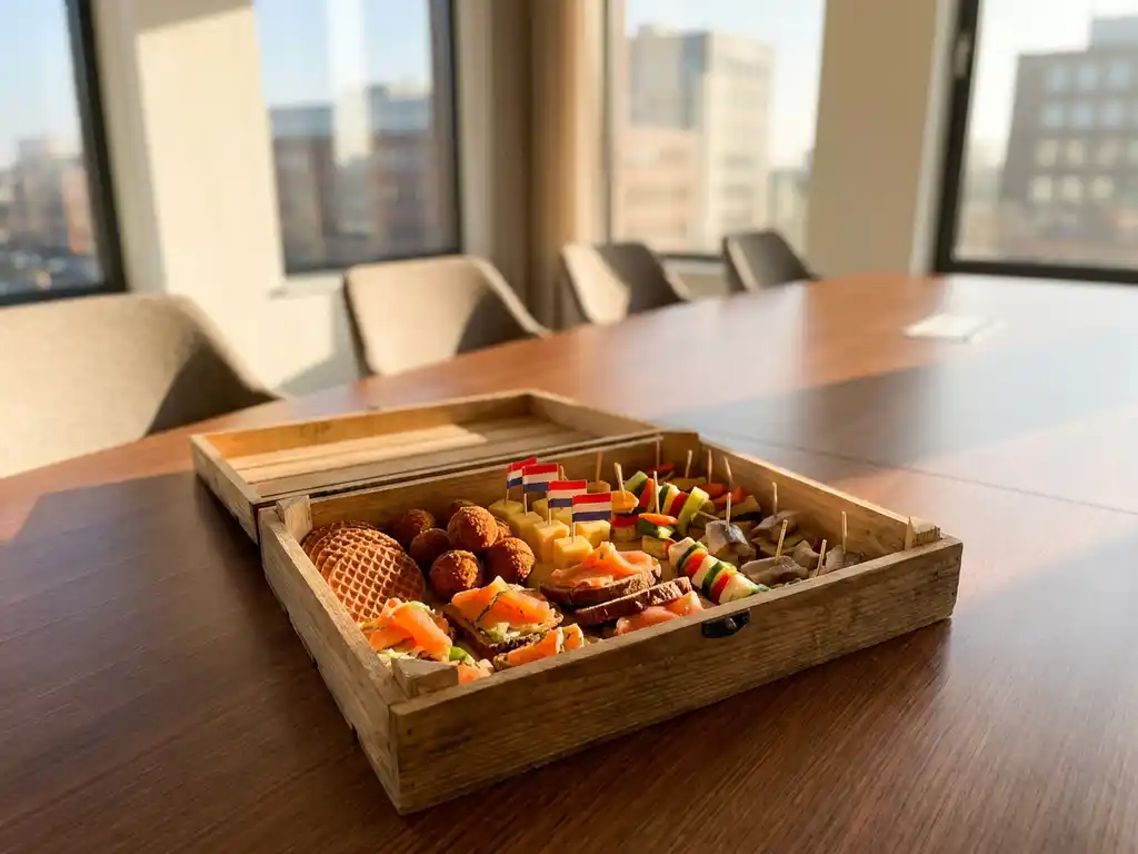 Houten cateringbox vol kleurrijke Nederlandse hapjes en fingerfood op moderne vergadertafel in kantoor met natuurlijk licht