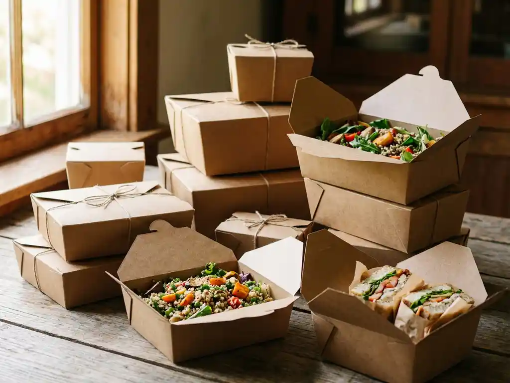 Duurzame cateringdozen van natuurlijk karton op houten tafel, enkele geopend met verse salades en sandwiches
