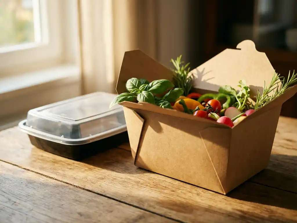 Duurzame kartonnen cateringdoos met verse kruiden en biologische groenten naast plastic container op houten tafel