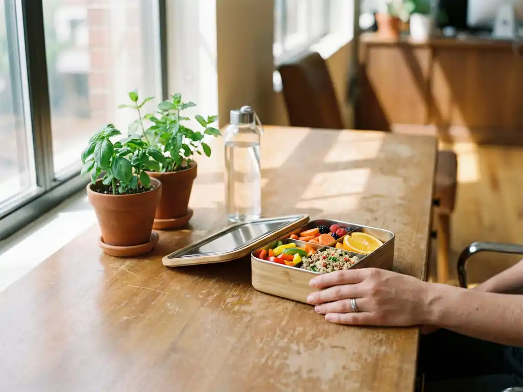 Houten bureau met duurzame lunchbox vol kleurrijke groenten, quinoasalade en fruit, herbruikbare waterfles en kruiden