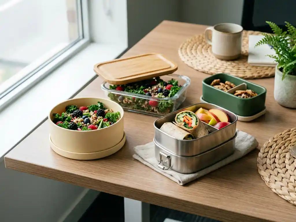 duurzame-lunchboxen-kantoor-bamboe-glas.jpg Duurzame lunchboxen van bamboe, glas en roestvrij staal gevuld met kleurrijke salades op houten bureautafel