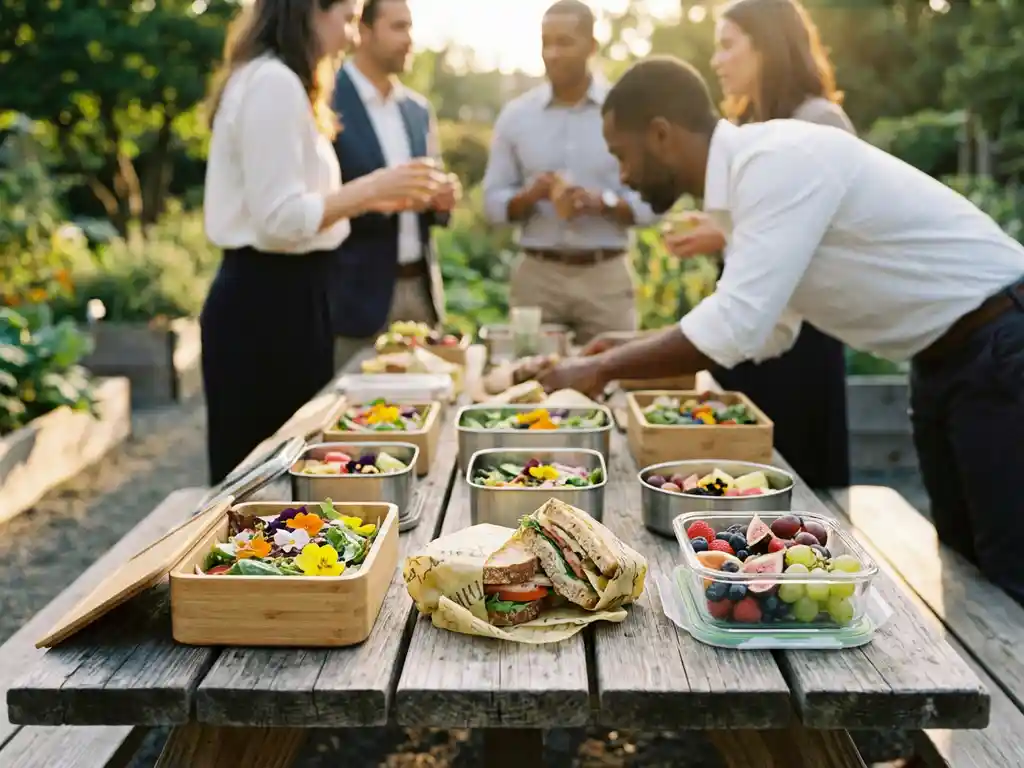 Duurzame lunchboxen gevuld met kleurrijke salades en sandwiches op houten picknicktafel in bedrijfstuin