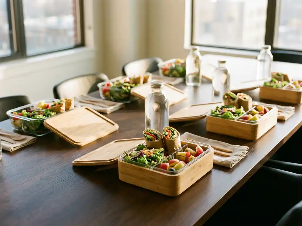 Duurzame lunchboxen met kleurrijke salades en wraps op vergadertafel in warm verlichte conferentieruimte