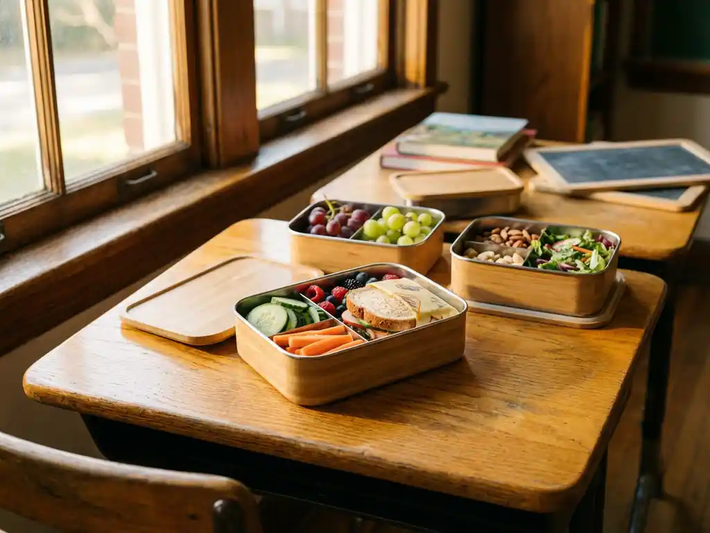 Duurzame lunchboxen gevuld met kleurrijke boterhammen en fruit op houten schooltafel in natuurlijk zonlicht