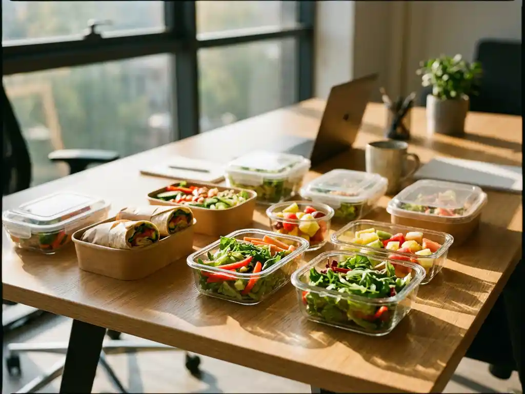 Kleurrijke duurzame lunchboxen met verse salades en wraps op moderne kantoorbureau bij natuurlijk zonlicht