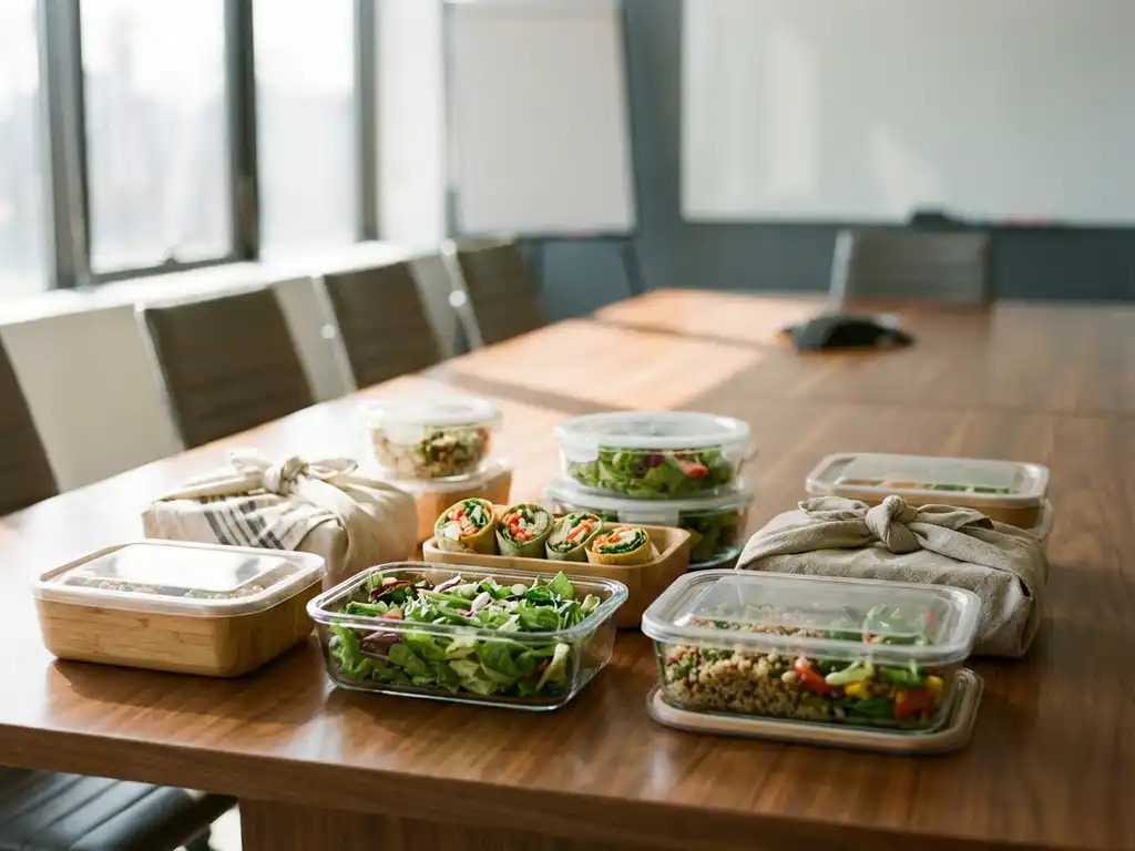 Elegante duurzame lunchboxen met kleurrijke verse salades en wraps op houten vergadertafel in kantooromgeving
