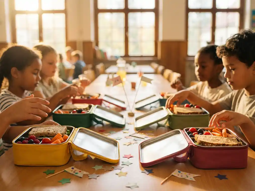 Kleurrijke duurzame lunchboxen gevuld met vers fruit, volkoren broodjes en groenten op schoolcafetaria tafel met confetti