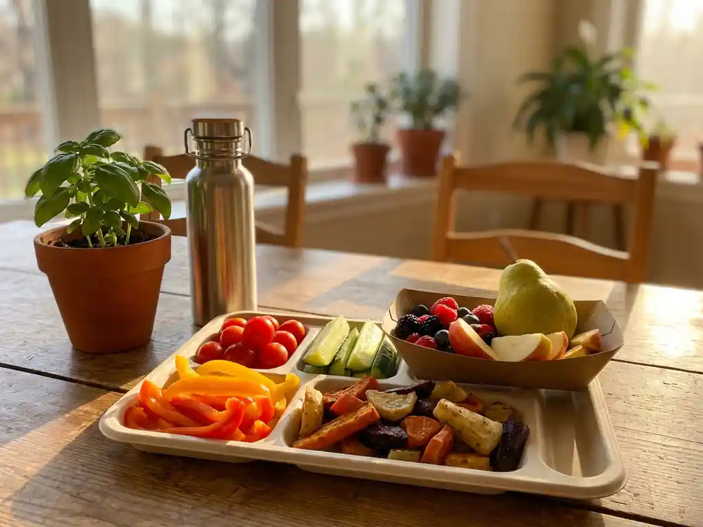 Schoollunch dienblad met verse groenten en lokaal fruit op houten tafel, met kruidentplant en herbruikbare waterfles in natuurlijk licht