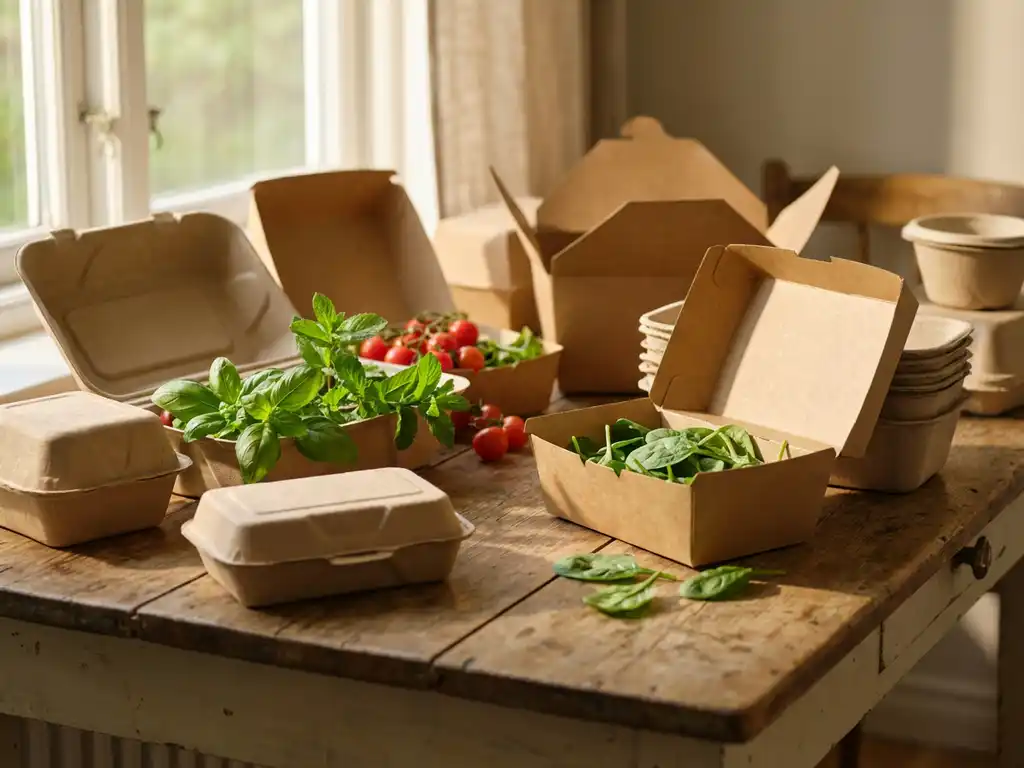 Milieuvriendelijke voedselverpakkingen van gerecycled karton op houten tafel met verse groene kruiden en groenten