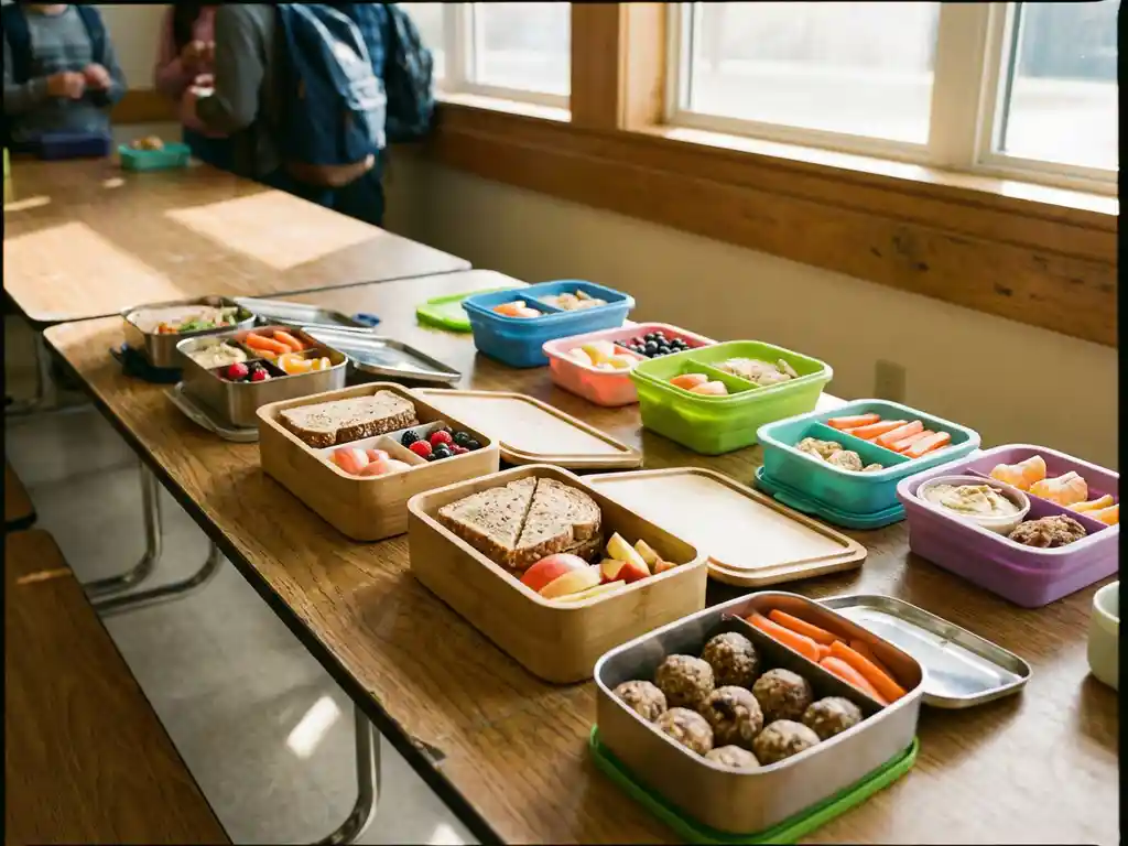 Kleurrijke milieuvriendelijke lunchboxen gevuld met verse sandwiches, fruit en gezonde snacks op schoolcafetariatafel