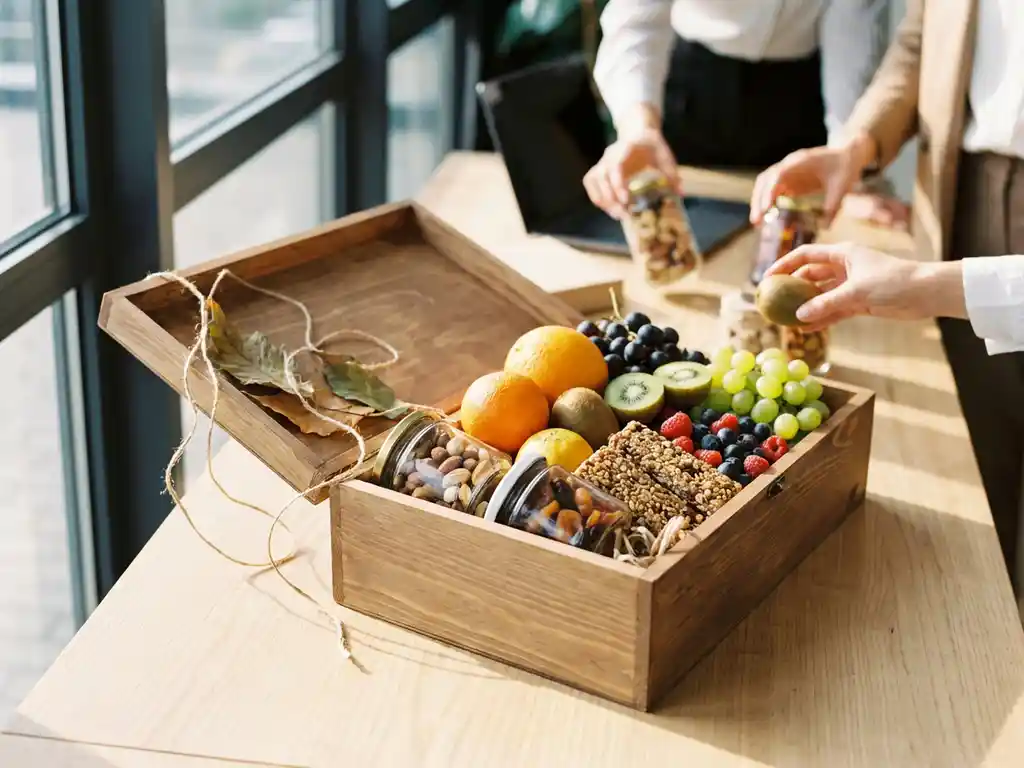 gezonde-snacks-kantoor-fruitmand-team.jpg Houten cadeaubox vol kleurrijk vers fruit, noten en gezonde snacks op modern kantoorbureau met teamleden die ernaartoe reiken
