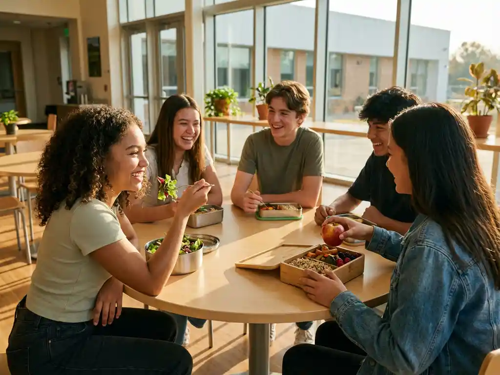 Diverse middelbare scholieren genieten van kleurrijke, duurzame lunches aan moderne schoolcafetariatafels in natuurlijk zonlicht
