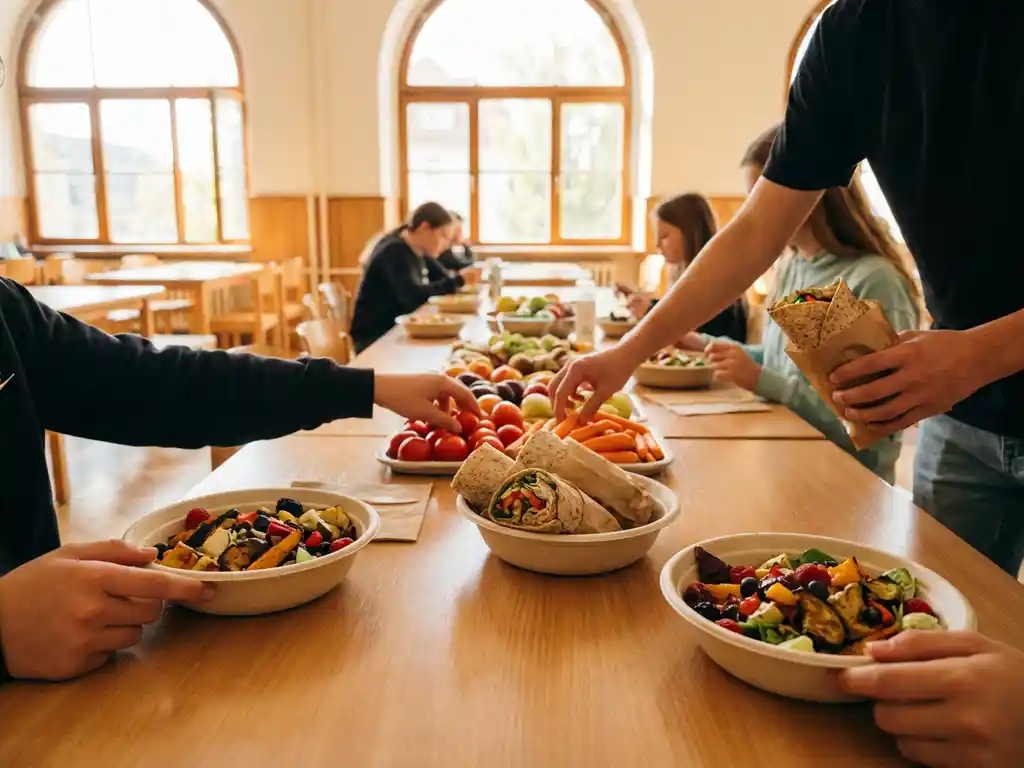 Diverse verse lunchopties op houten schooltafels met lokale groenten, volkoren broodjes en kleurrijke salades, studenten pakken gezonde keuzes