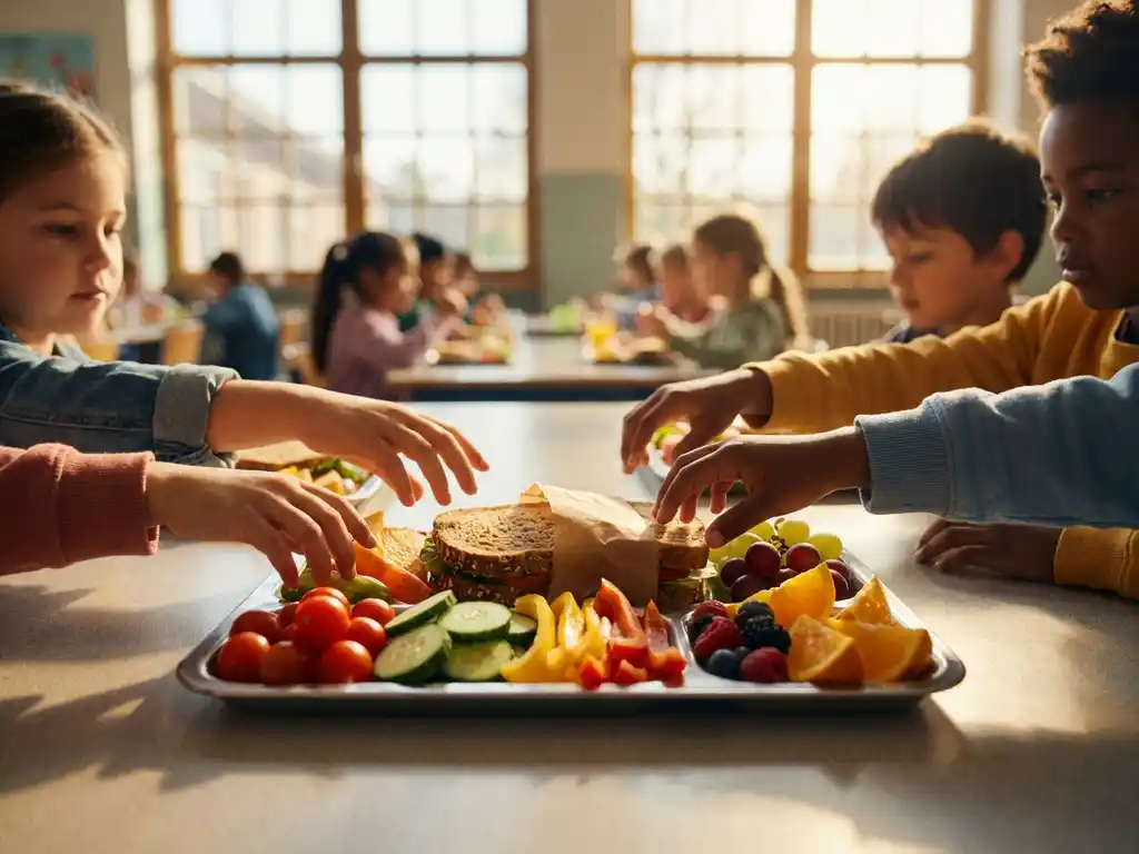 Schoollunchblad met kleurrijke groenten, volkoren broodjes en seizoensfruit terwijl kinderen naar gezonde opties reiken