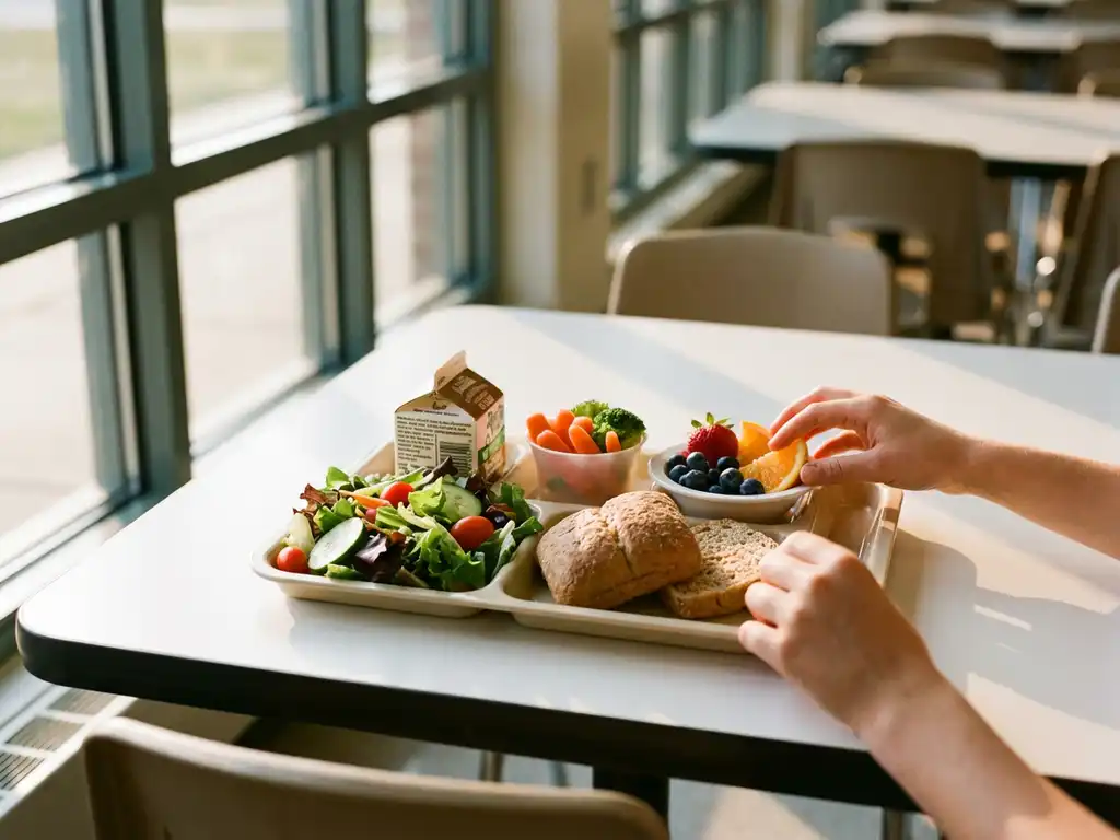 gezonde-schoolmaaltijd-cafetaria-voeding-groenten.jpg Kleurrijk schoolcafetaria dienblad met verse groenten, volkoren brood en fruit op witte tafel bij daglicht