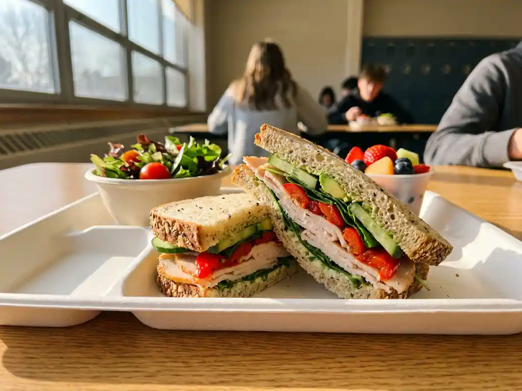 Glutenvrije sandwich doorgesneden met kleurrijke groenten en mager vlees op wit schooldienblad met salade en fruit