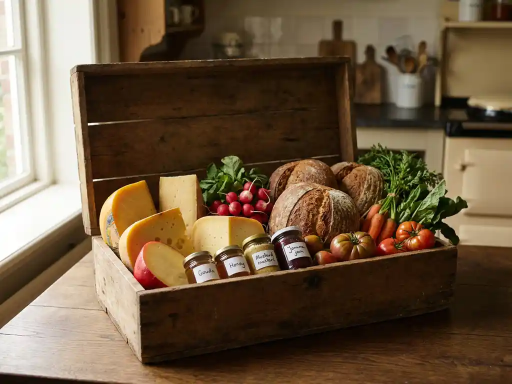 Rustieke houten kist vol artisanale Nederlandse kaasblokken, verse broodjes, seizoensgroenten en glazen potjes op eiken tafel