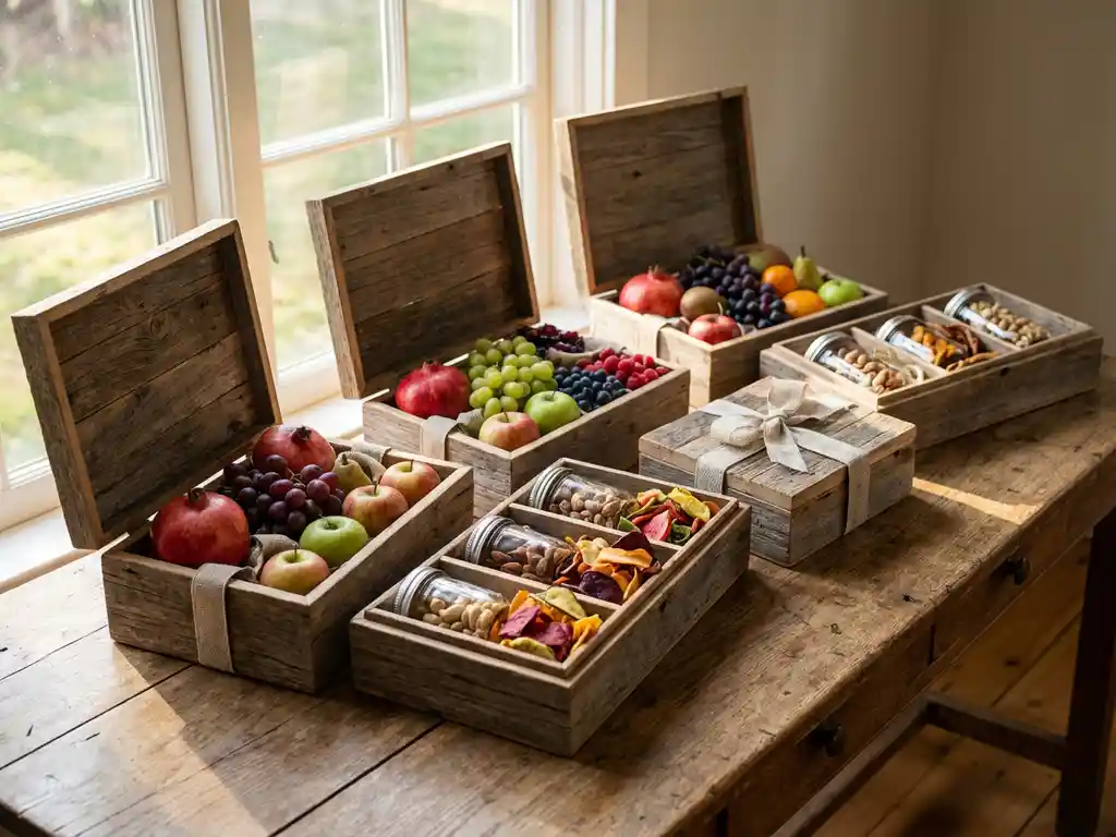 Houten geschenkdozen gevuld met biologisch fruit, noten en gezonde snacks op rustieke eiken tafel in natuurlijk licht