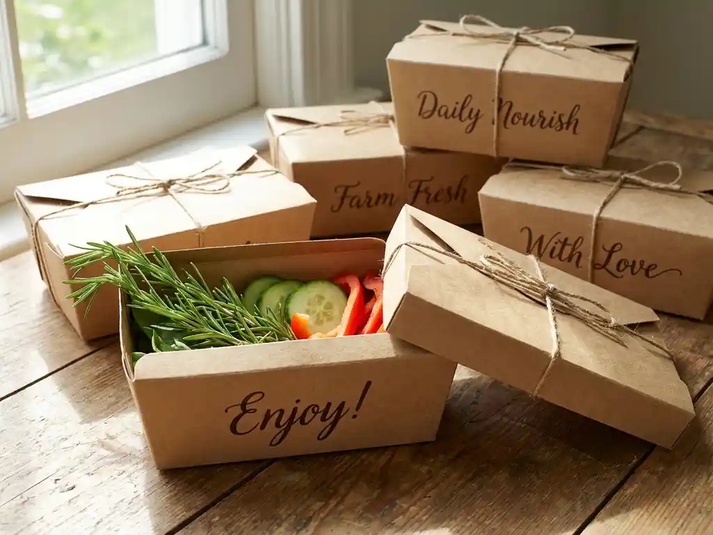 Elegante kraft papieren lunchboxen op houten tafel met handgeschreven berichten, verse kruiden en groenten zichtbaar uit geopende deksels