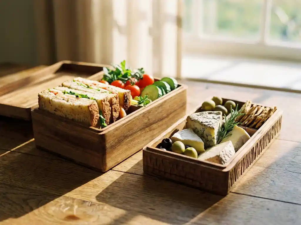 Houten lunchbox met verse sandwiches en groenten naast elegante houten hapjesbox met kazen en olijven op eiken tafel
