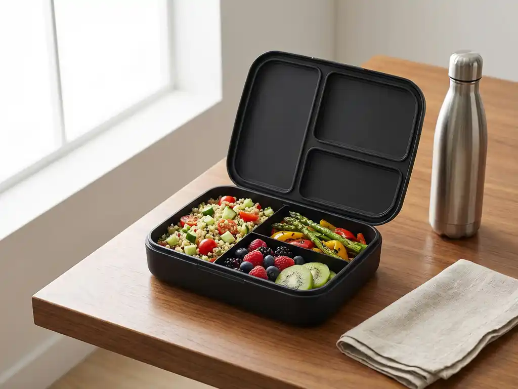 lunchbox-kantoor-gezonde-maaltijd-quinoa.jpg Zwarte lunchbox geopend met kleurrijke compartimenten vol quinoasalade, gegrilde groenten en fruit op houten bureau
