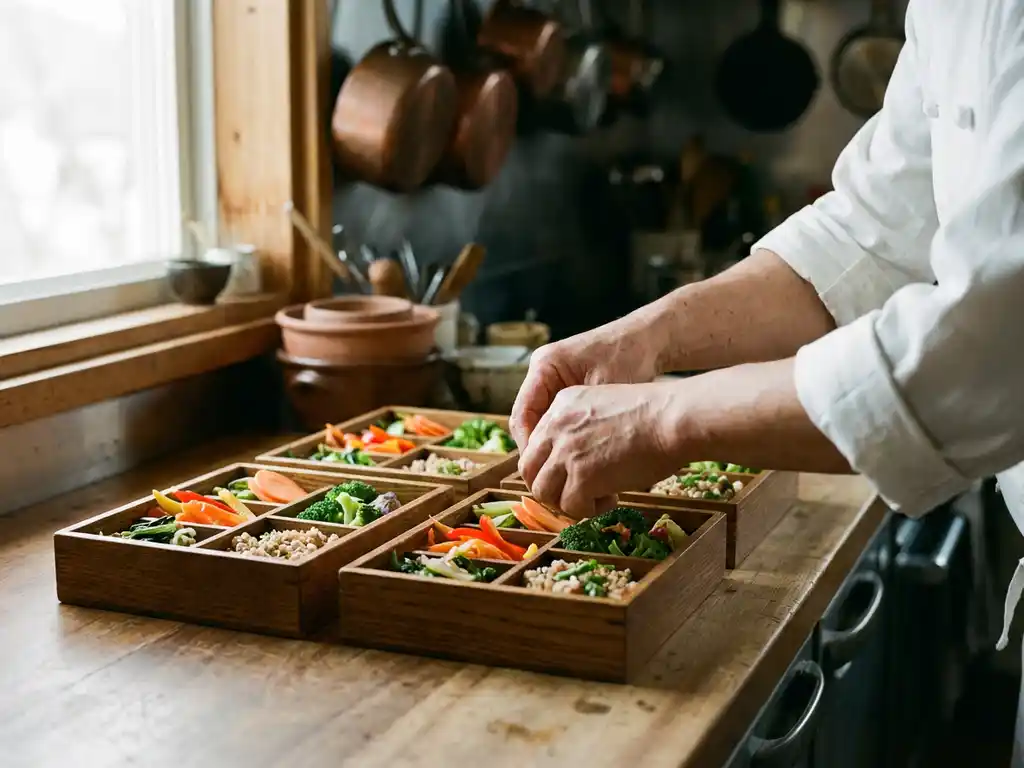 lunchbox-verse-groenten-chef-handen.jpg Chef arrangt verse groenten in houten lunchboxen met compartimenten, natuurlijk licht op rustieke keukentafel