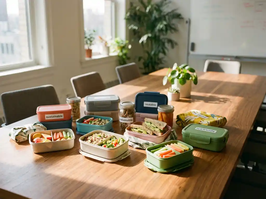 Kleurrijke lunchboxen en maaltijdcontainers op houten vergadertafel in modern kantoor, enkele geopend met verse salades