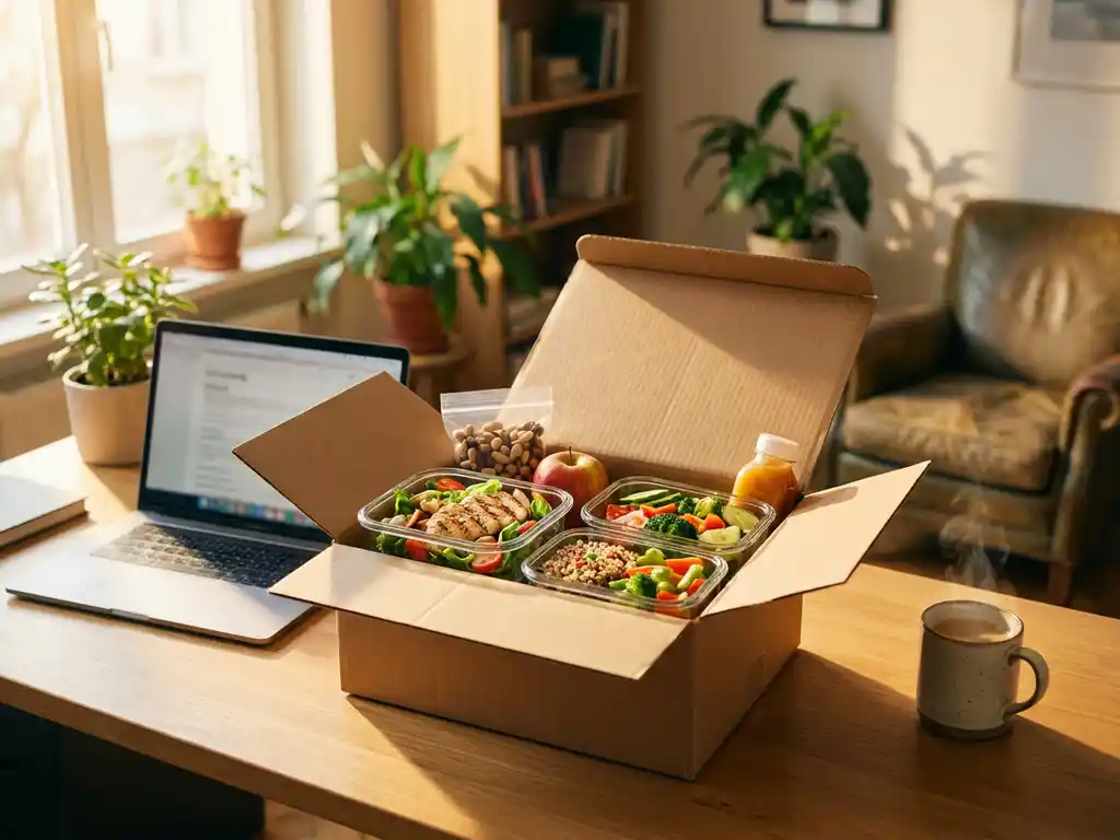 maaltijdbox-thuiswerken-gezonde-kantoor-levering.jpg Open kartonnen bezorgdoos met verse maaltijdcontainers op houten bureau naast laptop en koffiemok in thuiskantoor