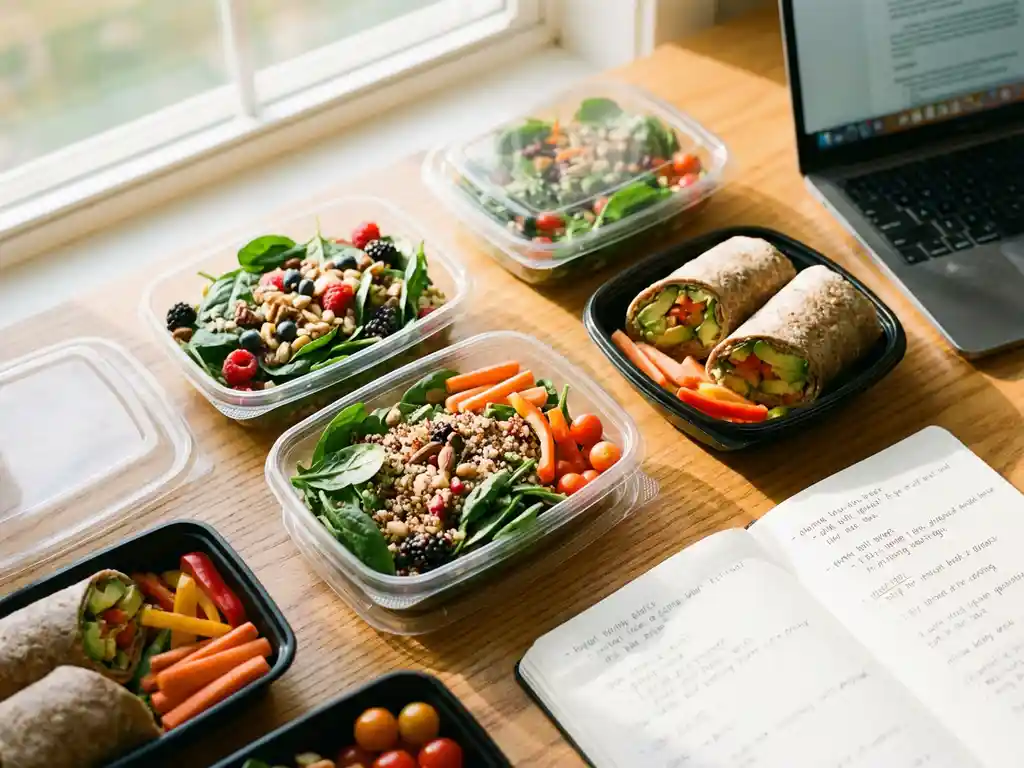 maaltijdboxen-studenten-gezonde-lunch-universiteit.jpg Kleurrijke gezonde maaltijdboxen met verse salades en wraps op houten studentenbureau naast laptop en notitieboek