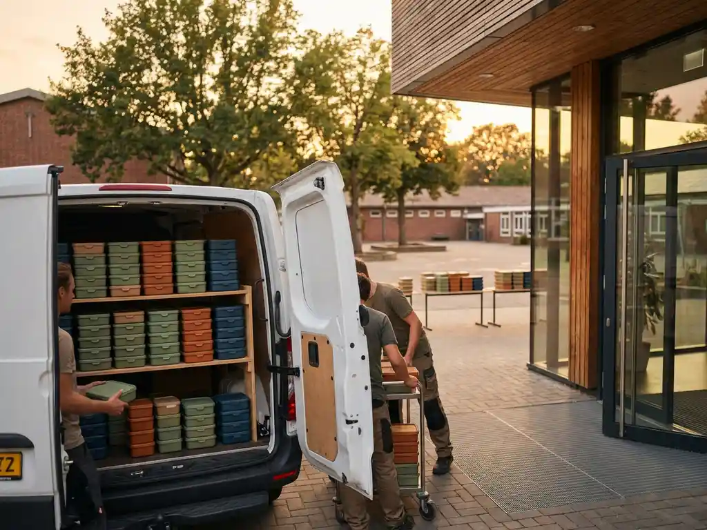 maaltijdlevering-kantoor-school-duurzame-verpakking.jpg Bezorgwagen met open achterdeuren toont kleurrijke maaltijdboxen die worden uitgeladen bij moderne kantoorgebouw ingang