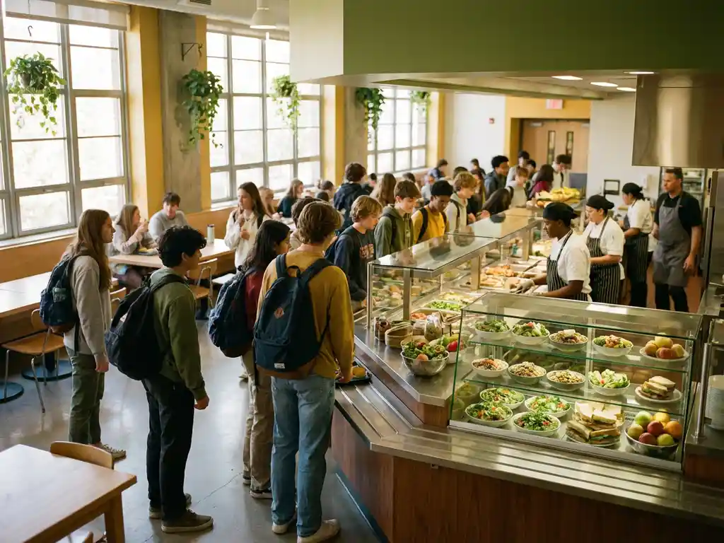 MBO schoolkantine met studenten bij moderne serveerbar met kleurrijke salades en gezonde maaltijden in glazen vitrines