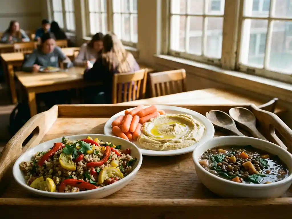 plantaardig-schoollunch-gezonde-maaltijd-cafetaria.jpg Schoolcafetaria dienblad met kleurrijke plantaardige gerechten: quinoasalade, hummus met wortels en linzensoep