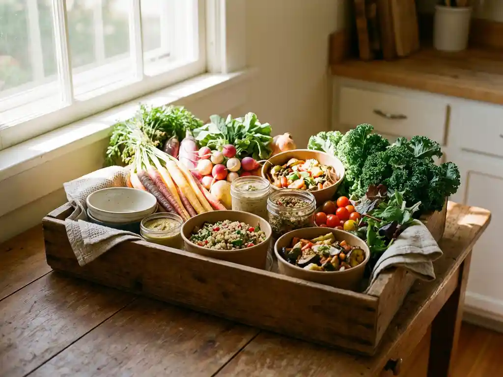 Houten cateringdoos vol kleurrijke verse groenten en plantaardige maaltijden in milieuvriendelijke verpakkingen