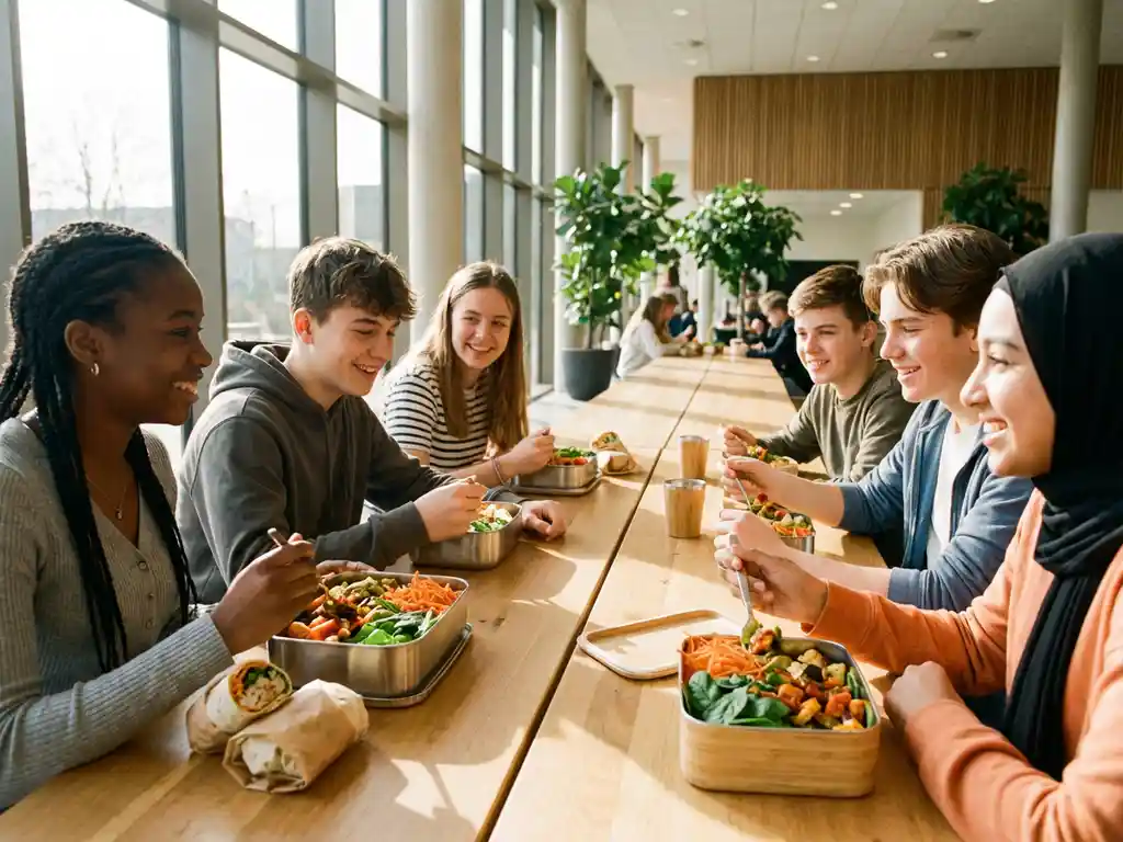 Diverse tieners genieten van kleurrijke, verse maaltijden aan moderne schoolcafetaria tafel met natuurlijk licht
