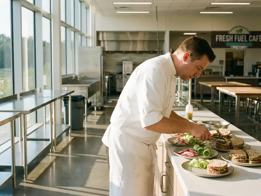 Professionele chef in witte uniform arrangeert kleurrijke groenten en volkoren broodjes op keramische borden in moderne schoolkantine
