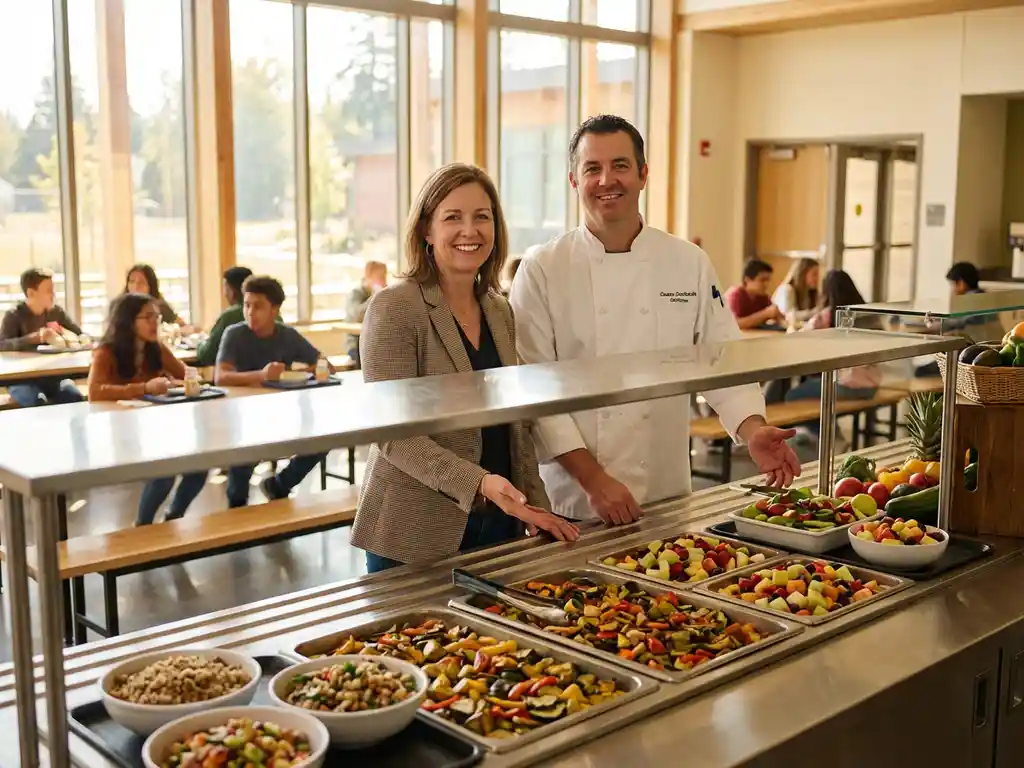 schoolcatering-gezonde-maaltijden-schoolkeuken-samenwerking.jpg Schooldirecteur en keukenmanager bespreken verse maaltijdbereiding in moderne schoolkantine met gezonde gerechten