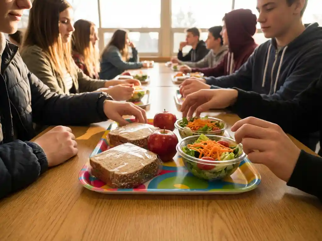 Kleurrijk schoolcafetaria-dienblad met verse broodjes, knapperige appels en saladekommen, omringd door reikende tienerhanden
