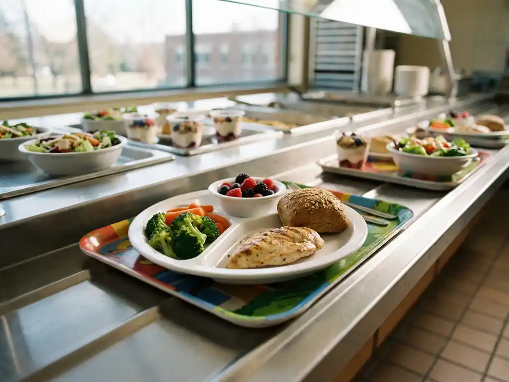 schoollunch-gezonde-maaltijd-cafetaria-voeding.jpg Kleurrijk schoolkantine dienblad met uitgebalanceerde porties verse groenten, volkoren brood, mager eiwit en fruit
