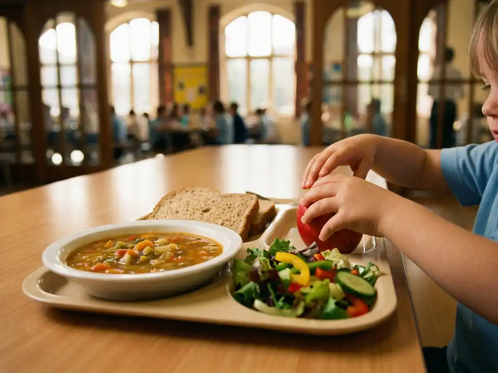 Schoolcafetaria dienblad met kleurrijke verse groenten, volkoren brood en voedzame soep, leerling pakt appel