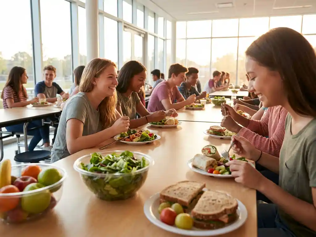 Studenten genieten van kleurrijke gezonde maaltijden met verse salades en volkoren broodjes in moderne schoolkantine