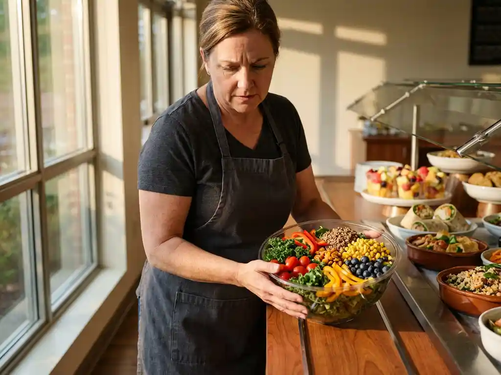 schoolkantine-manager-gezonde-maaltijden-salade.jpg Schoolkantine manager bekijkt verse saladeschaal met kleurrijke groenten en granen bij moderne serveerbar met gezonde maaltijdopties